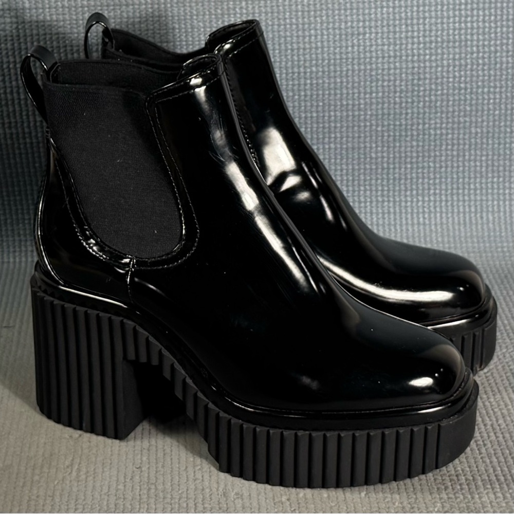 Gianni Bini Ankle Boots Black Vegan‎ Patent Round Toe Platform Block Heel Sz 9.5